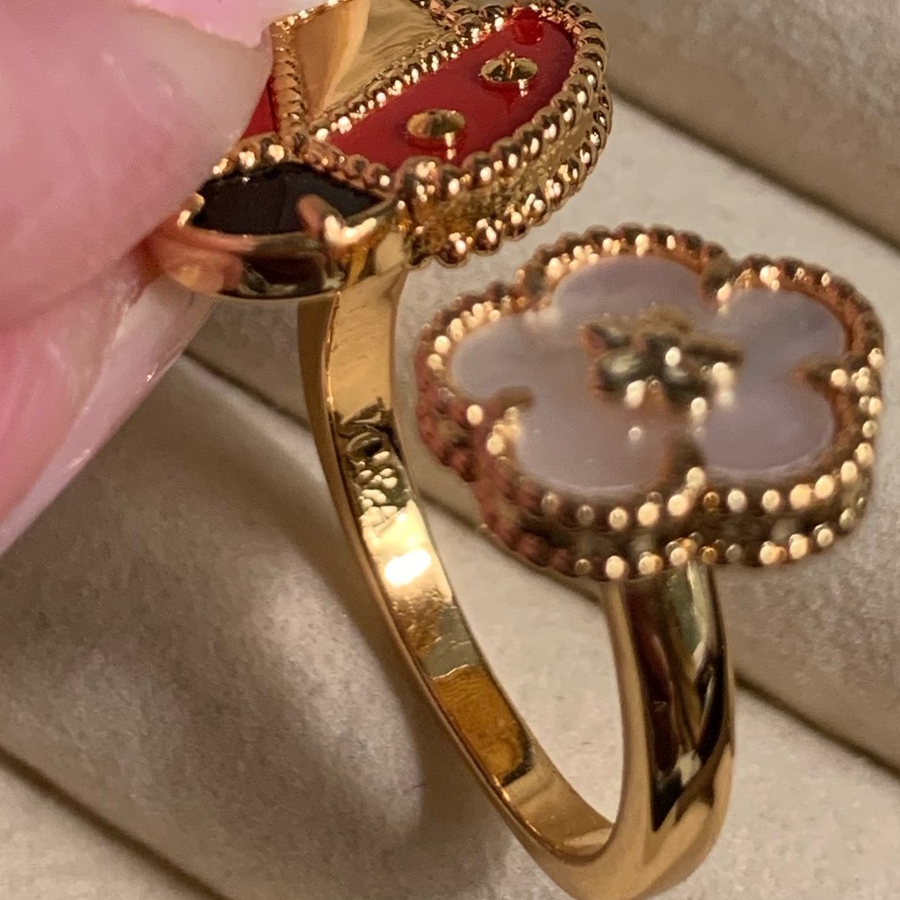 18 K gold Ring of mother of pearl butterfly $ flower adjustable Ring - Picture 9 of 15